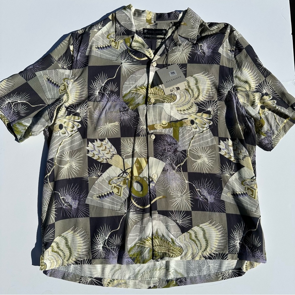 AllSaints Sebastian Floral Print Relaxed Fit Shirt Milky Grey XXL